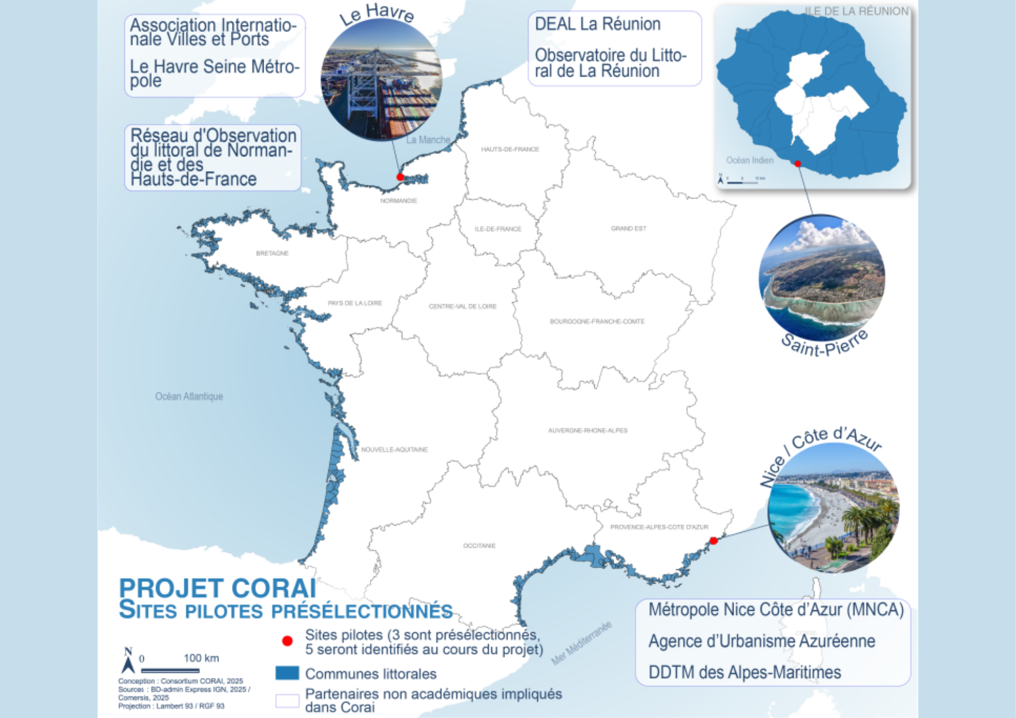 Carte des sites pilotes présélectionnés du projet CORAI : Le Havre, Nice Côte d'Azur et Saint-Pierre de La Réunion